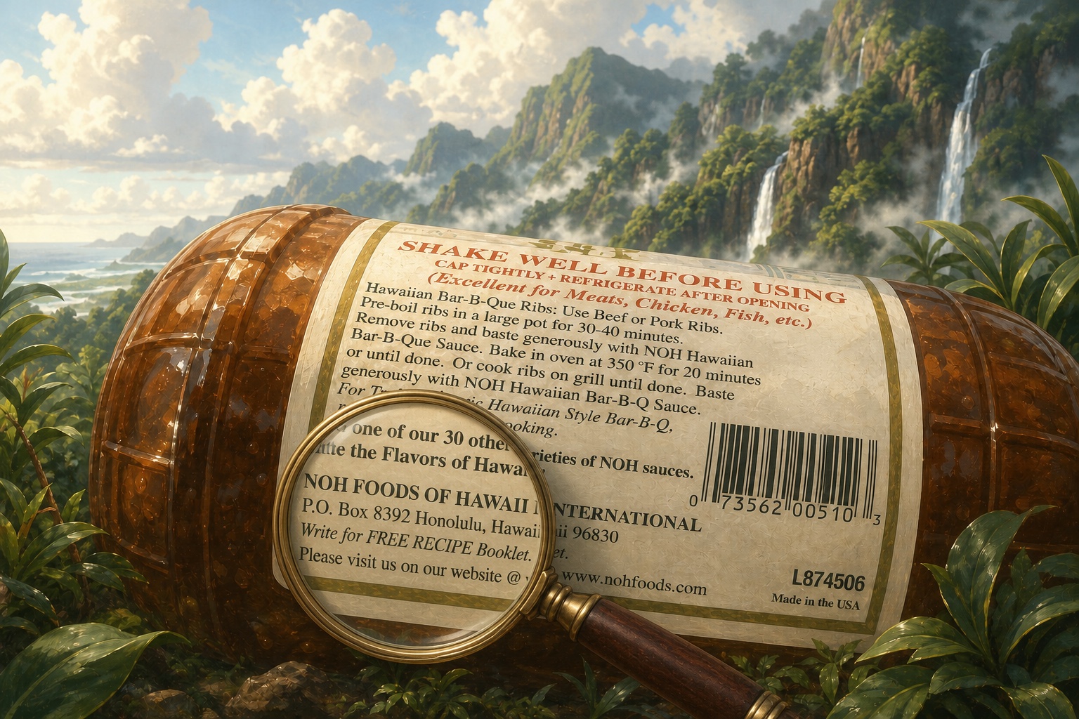 Painterly illustration of the NOH Hawaiian Bar-B-Que Sauce label in a lush island valley, with a brass magnifying glass enlarging the mailing instructions for the free recipe booklet